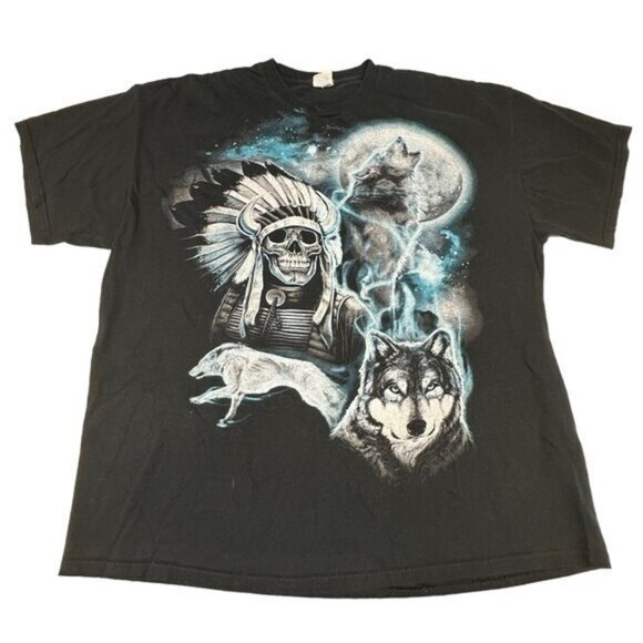Gildan Other - Wolf Howling Moon Indian Skull Native American 2XL Graphic Tee T-Shirt Retro Y2K
